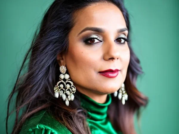 Nora Bashir portrait, confident expression, emerald velvet dress, statement chandelier earrings, green backdrop
