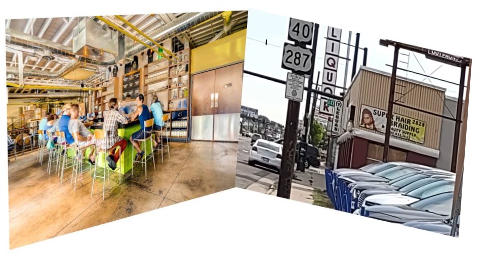 Collage que muestra el animado interior de una cervecería y una vista de la calle Colfax Avenue en Denver. {{brizy_dc_image_alt entityId=