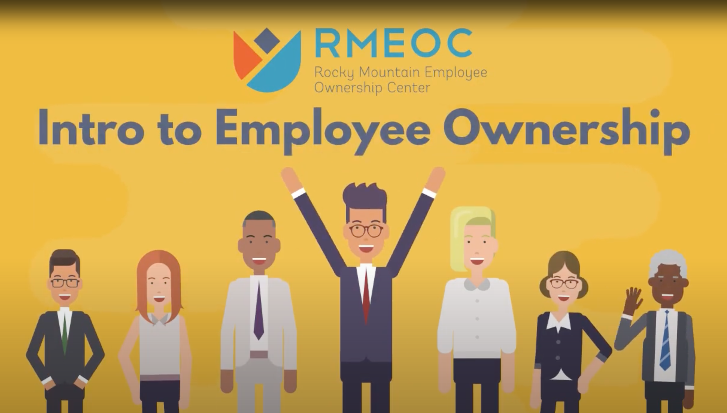 Video thumbnail: Intro to Employee Ownership with cartoon diverse team and RMEOC logo