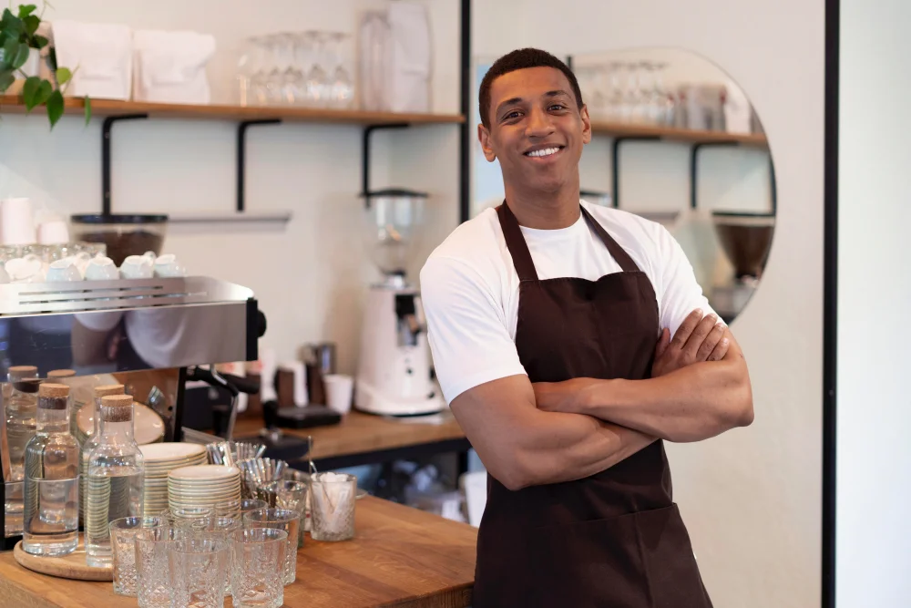 Male café owner in brown apron smiling with arms crossed behind coffee bar {{brizy_dc_image_alt entityId=