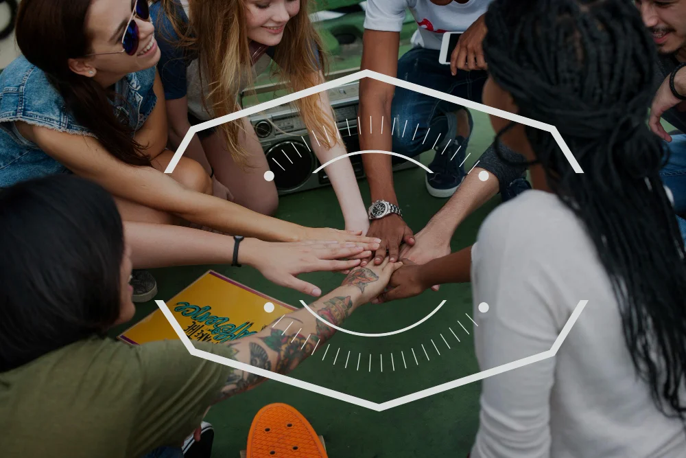 Friends stacking hands in circle overlay, teamwork concept