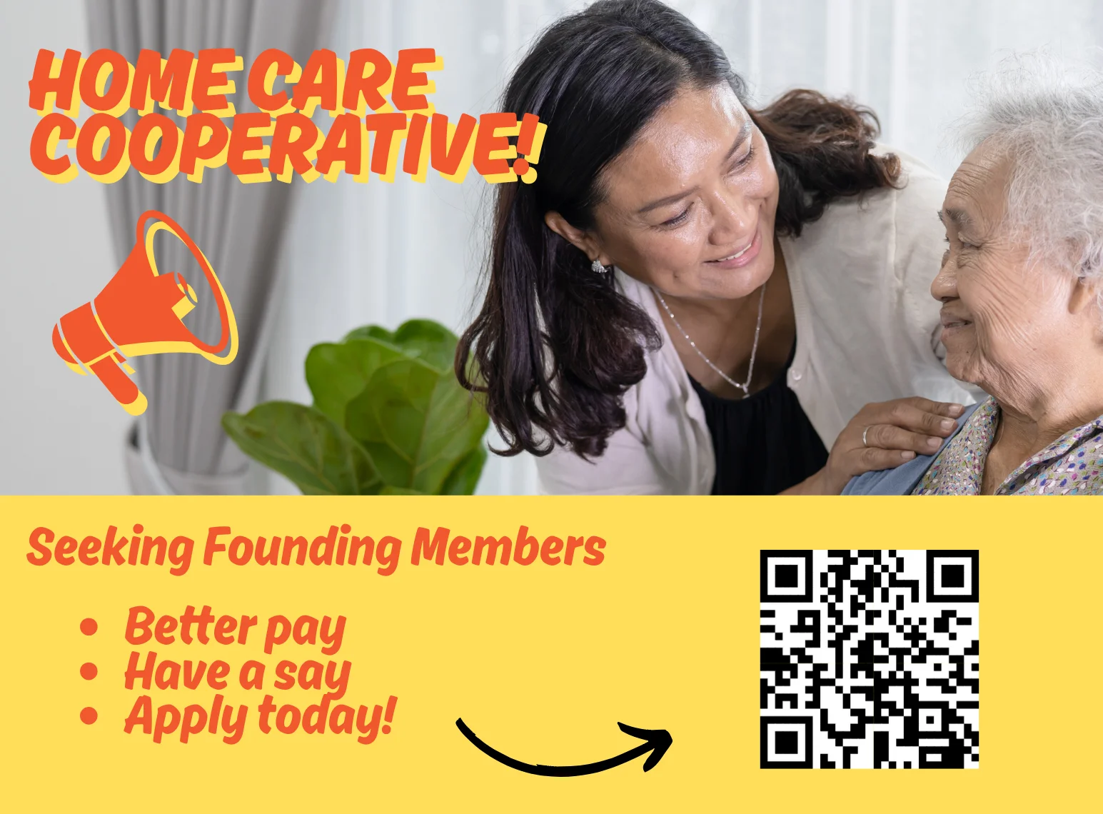 Folleto de la Cooperativa de Cuidado a Domicilio del Área Metropolitana de Denver: cuidadora con una anciana, código QR, titular 'Se buscan miembros fundadores', viñetas sobre mejores salarios, voz, solicitud {{brizy_dc_image_alt entityId=