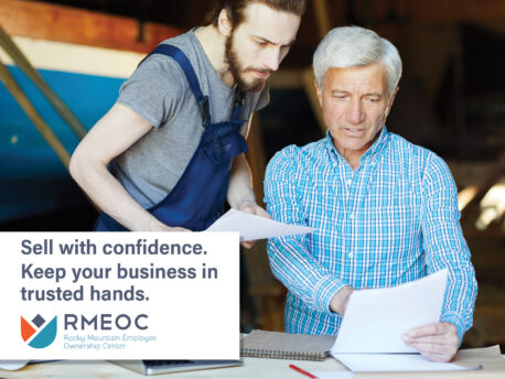 Workshop banner: older and younger men reviewing papers, text 'Sell with confidence. Keep your business in trusted hands.', RMEOC logo