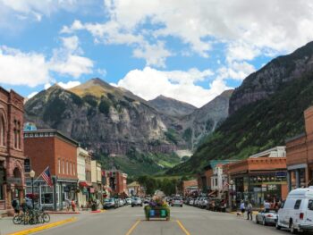 Small town with mountain back drop