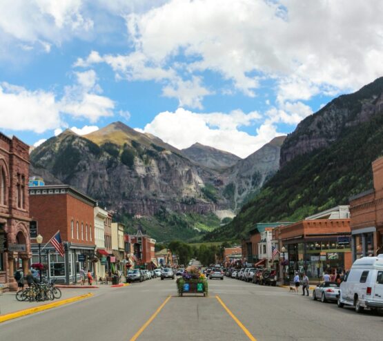 Small town with mountain back drop