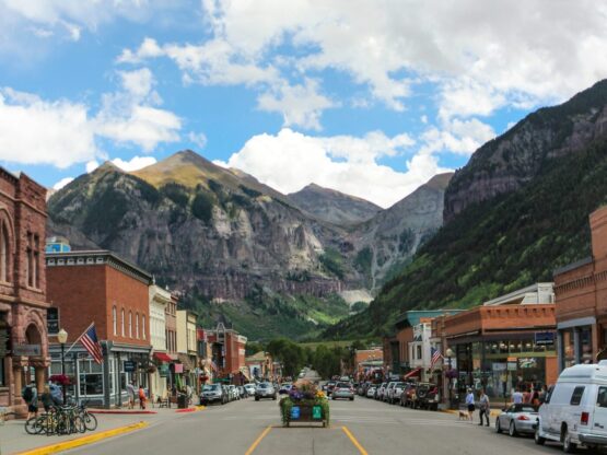 Small town with mountain back drop