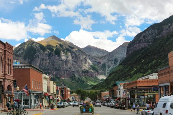 Small town with mountain back drop