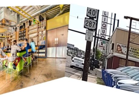 Collage showing lively brewery interior and street view of Colfax Avenue Denver